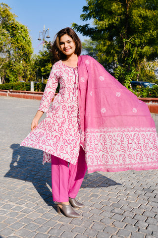 Pink Handblock-Inspired Cotton Kurti Pant Set with Dupatta
