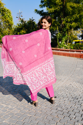Pink Handblock-Inspired Cotton Kurti Pant Set with Dupatta