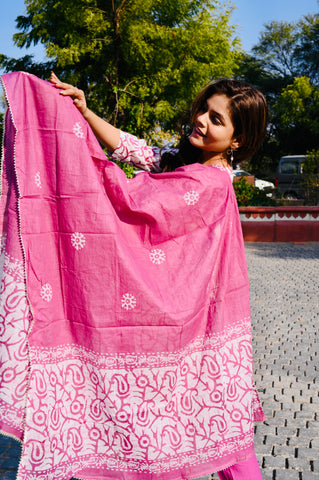 Pink Handblock-Inspired Cotton Kurti Pant Set with Dupatta