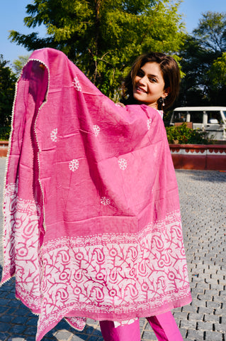Pink Handblock-Inspired Cotton Kurti Pant Set with Dupatta