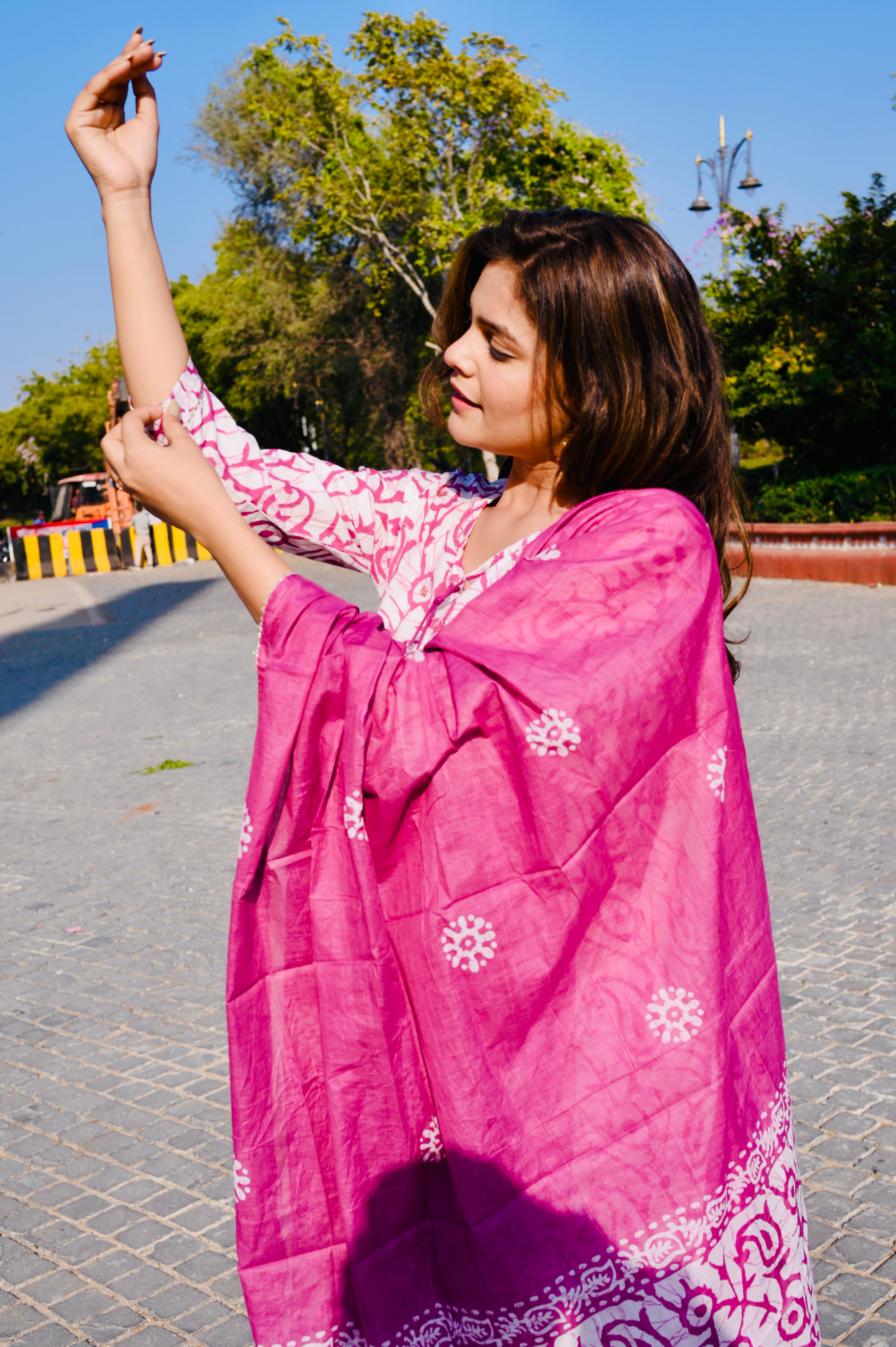 Pink Handblock-Inspired Cotton Kurti Pant Set with Dupatta