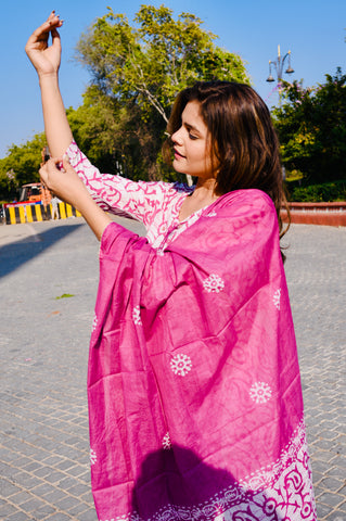 Pink Handblock-Inspired Cotton Kurti Pant Set with Dupatta