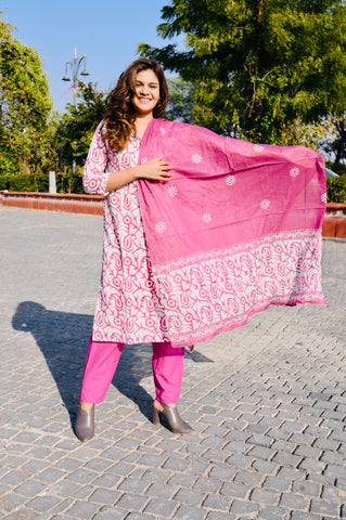 Pink Handblock-Inspired Cotton Kurti Pant Set with Dupatta