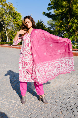 Pink Handblock-Inspired Cotton Kurti Pant Set with Dupatta