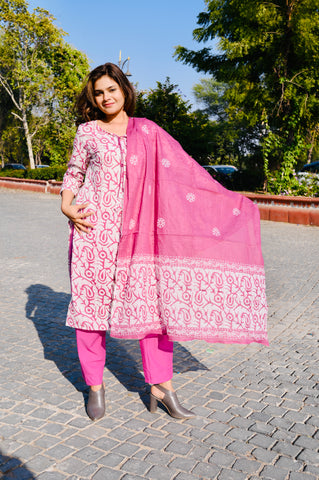 Pink Handblock-Inspired Cotton Kurti Pant Set with Dupatta