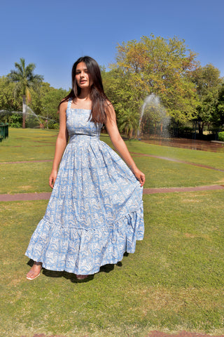 Blue Bloom Handblock Cotton Maxi Dress