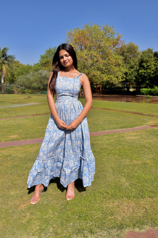 Blue Bloom Handblock Cotton Maxi Dress