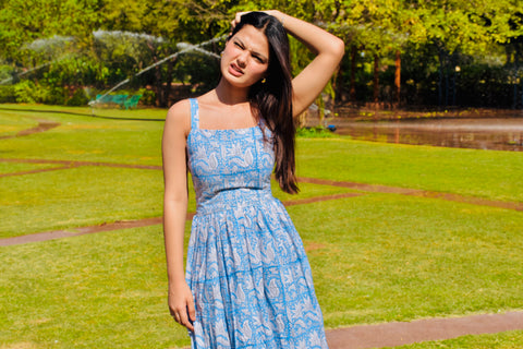 Blue Bloom Handblock Cotton Maxi Dress
