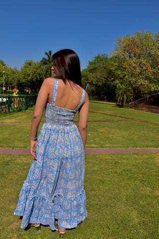 Blue Bloom Handblock Cotton Maxi Dress
