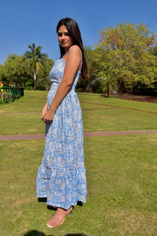 Blue Bloom Handblock Cotton Maxi Dress