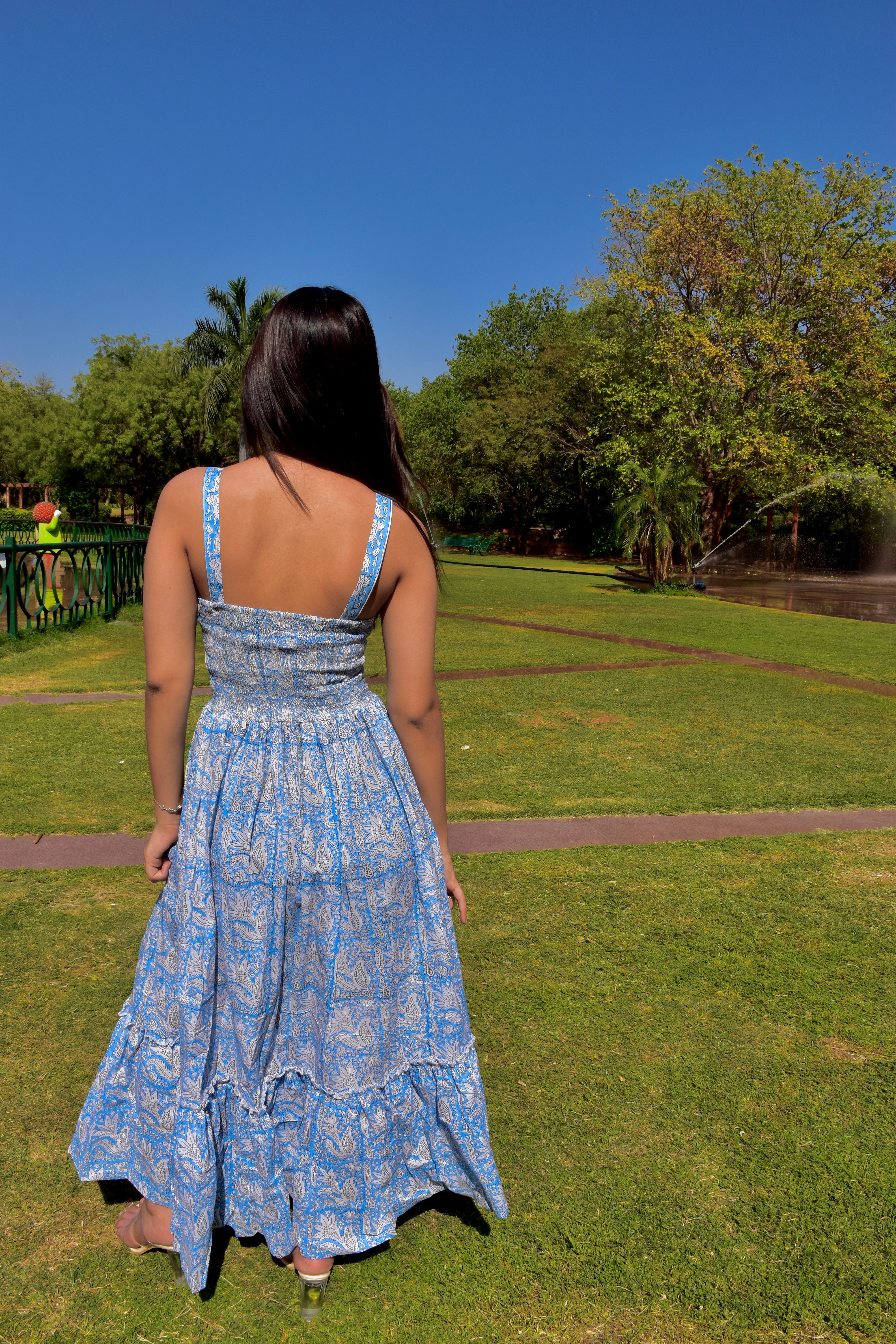 Blue Bloom Handblock Cotton Maxi Dress