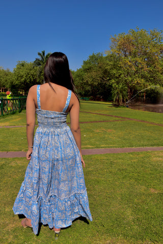 Blue Bloom Handblock Cotton Maxi Dress