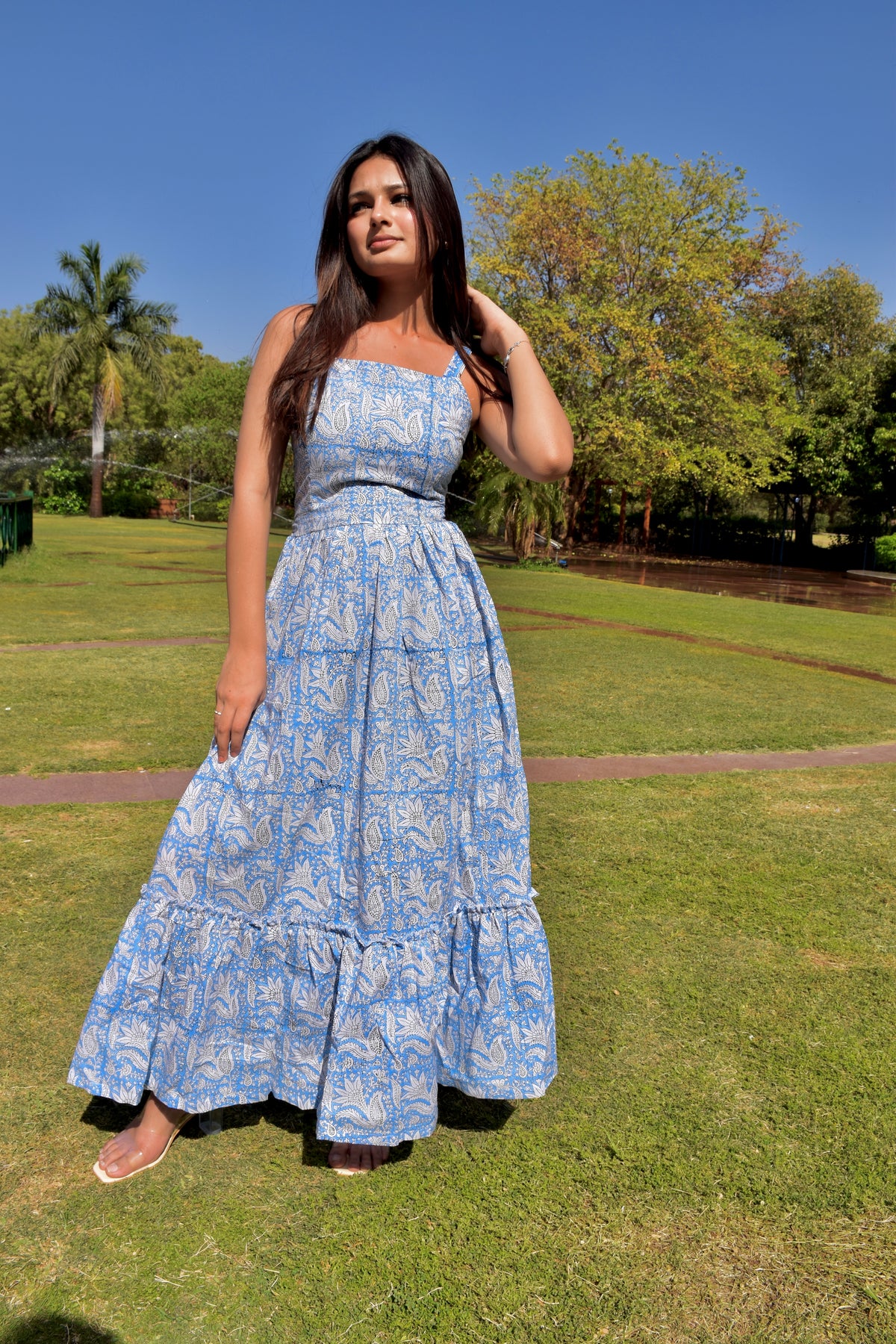 Blue Bloom Handblock Cotton Maxi Dress