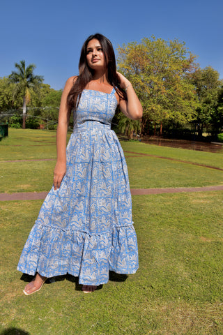Blue Bloom Handblock Cotton Maxi Dress