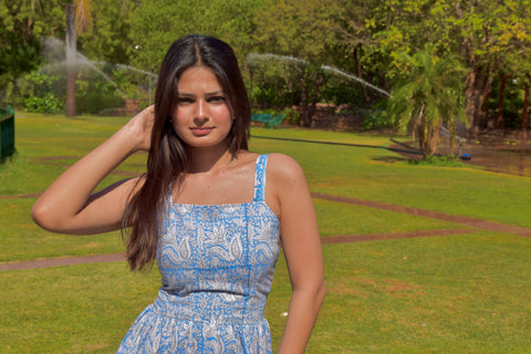Blue Bloom Handblock Cotton Maxi Dress