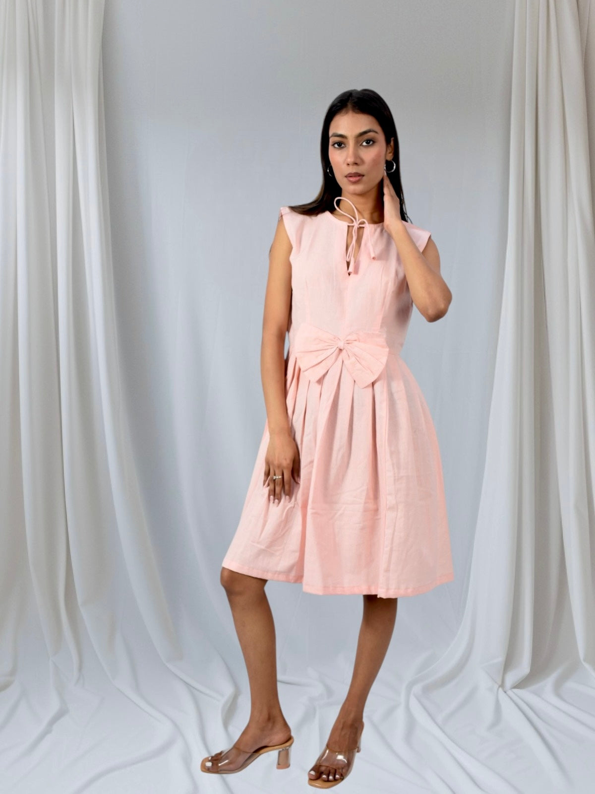 Blush Charm Pleated Cotton Bow Dress