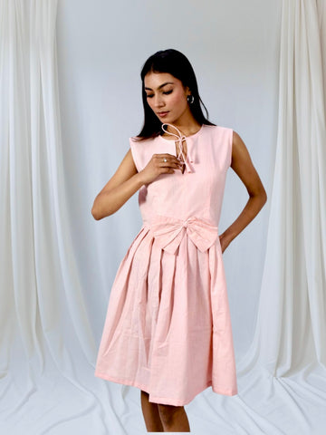 Blush Charm Pleated Cotton Bow Dress