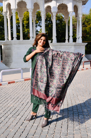 Emerald Green Cotton Khadi 3-Piece Embroidered Dress