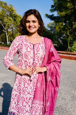 Pink Handblock-Inspired Cotton Kurti Pant Set with Dupatta