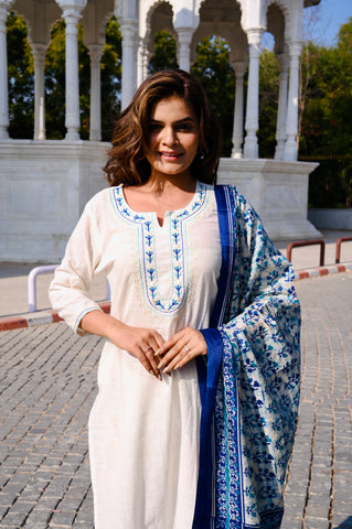 Elegant Ivory Cotton Khadi 3-Piece Embroidered Dress