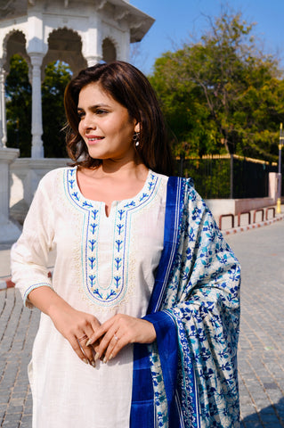 Elegant Ivory Cotton Khadi 3-Piece Embroidered Dress