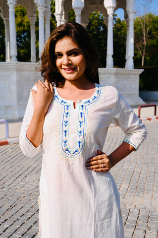 Elegant Ivory Cotton Khadi 3-Piece Embroidered Dress