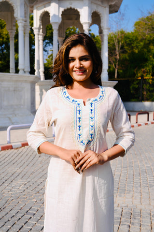 Elegant Ivory Cotton Khadi 3-Piece Embroidered Dress