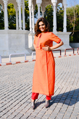 Sunset Orange Cotton Khadi 3-Piece Embroidered Dress