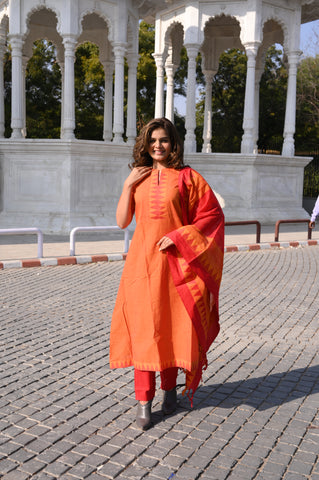 Sunset Orange Cotton Khadi 3-Piece Embroidered Dress