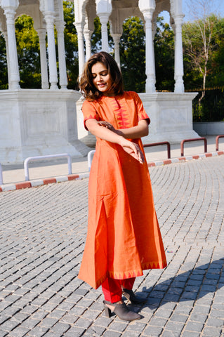 Sunset Orange Cotton Khadi 3-Piece Embroidered Dress