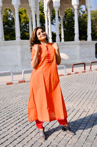 Sunset Orange Cotton Khadi 3-Piece Embroidered Dress