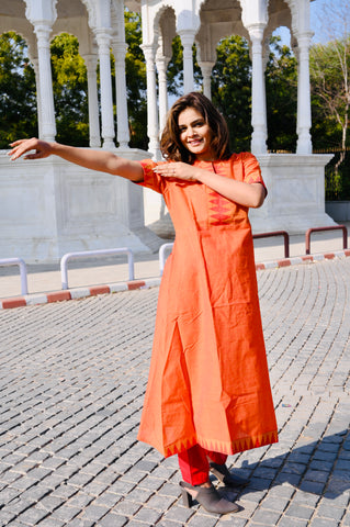 Sunset Orange Cotton Khadi 3-Piece Embroidered Dress