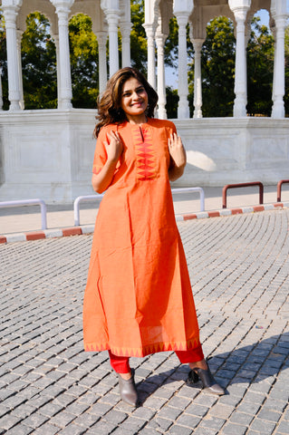 Sunset Orange Cotton Khadi 3-Piece Embroidered Dress