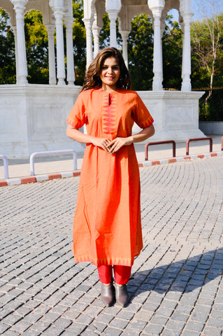Sunset Orange Cotton Khadi 3-Piece Embroidered Dress
