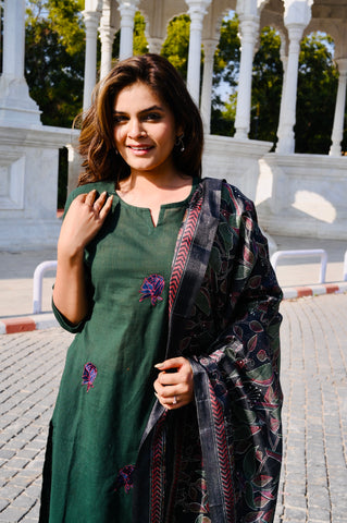 Emerald Green Cotton Khadi 3-Piece Embroidered Dress