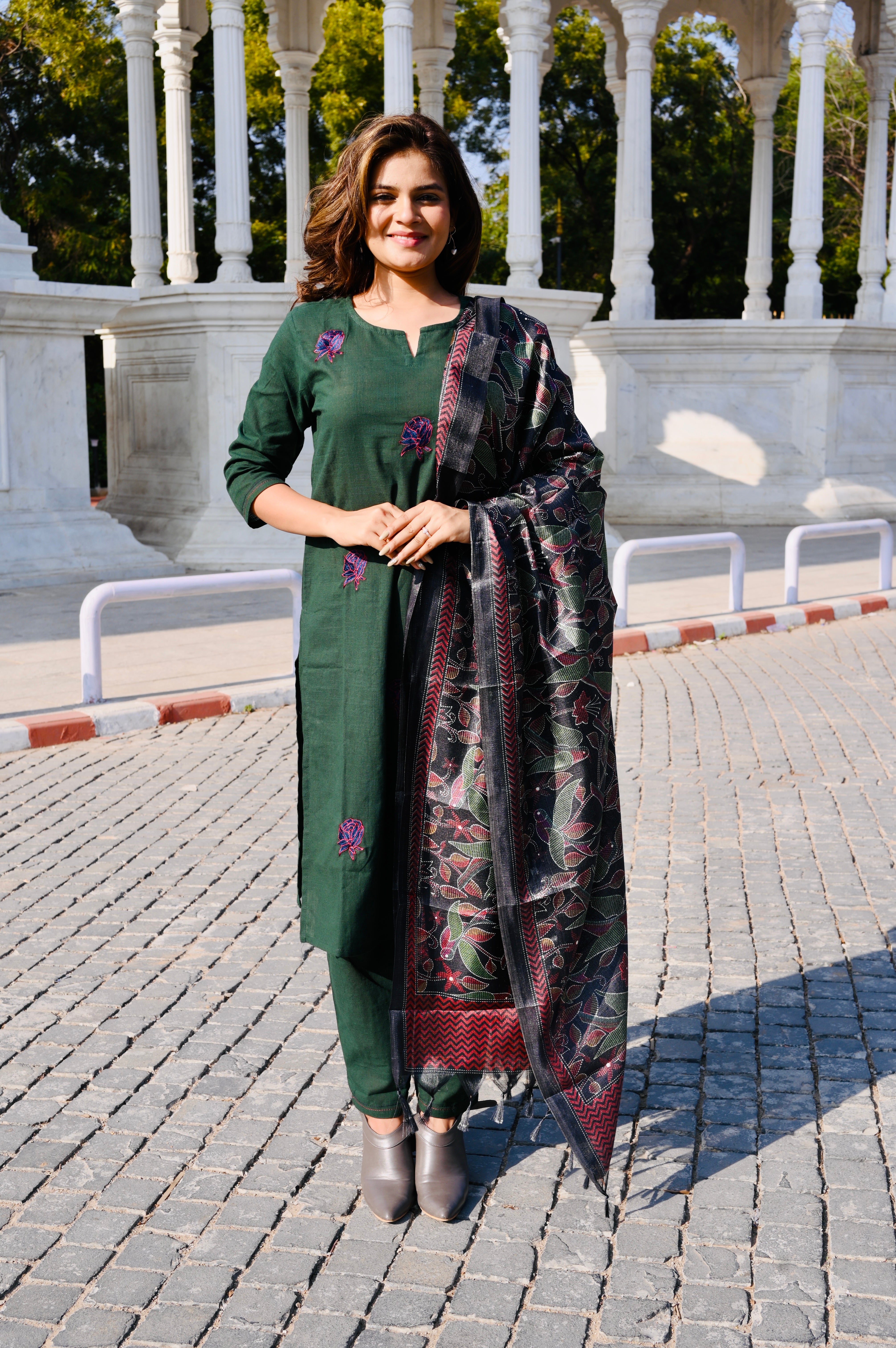 Emerald Green Cotton Khadi 3-Piece Embroidered Dress