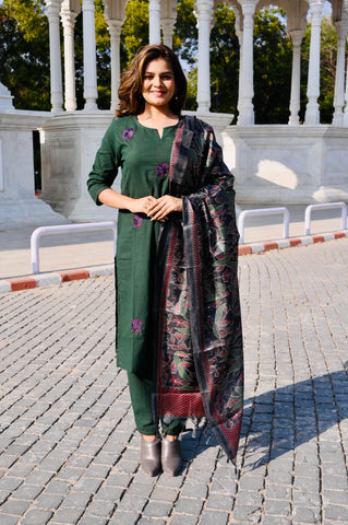 Emerald Green Cotton Khadi 3-Piece Embroidered Dress
