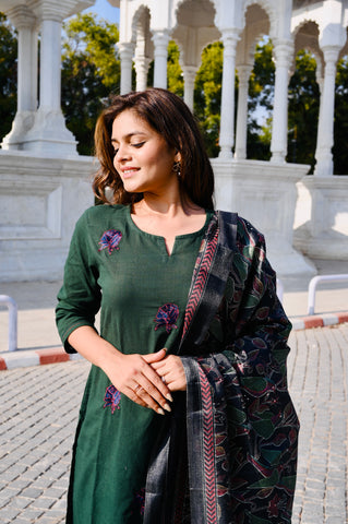 Emerald Green Cotton Khadi 3-Piece Embroidered Dress