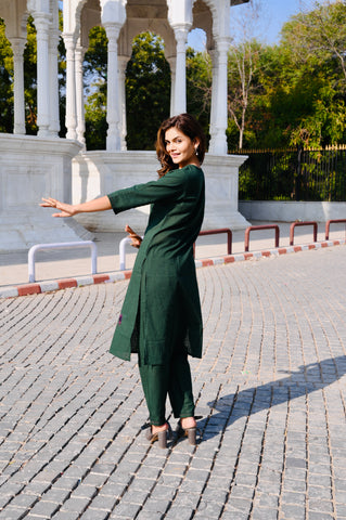 Emerald Green Cotton Khadi 3-Piece Embroidered Dress