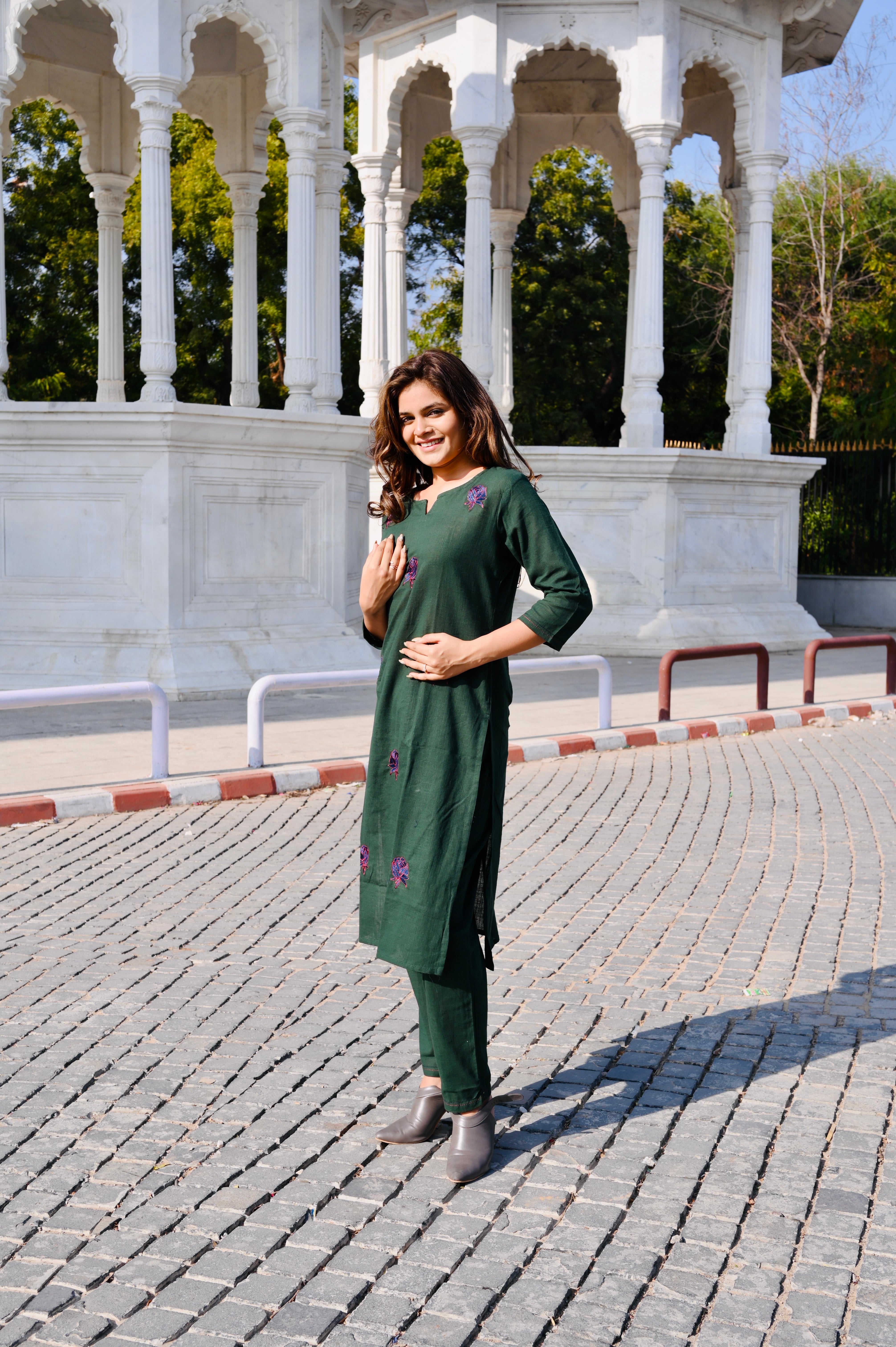 Emerald Green Cotton Khadi 3-Piece Embroidered Dress