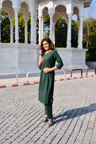 Emerald Green Cotton Khadi 3-Piece Embroidered Dress