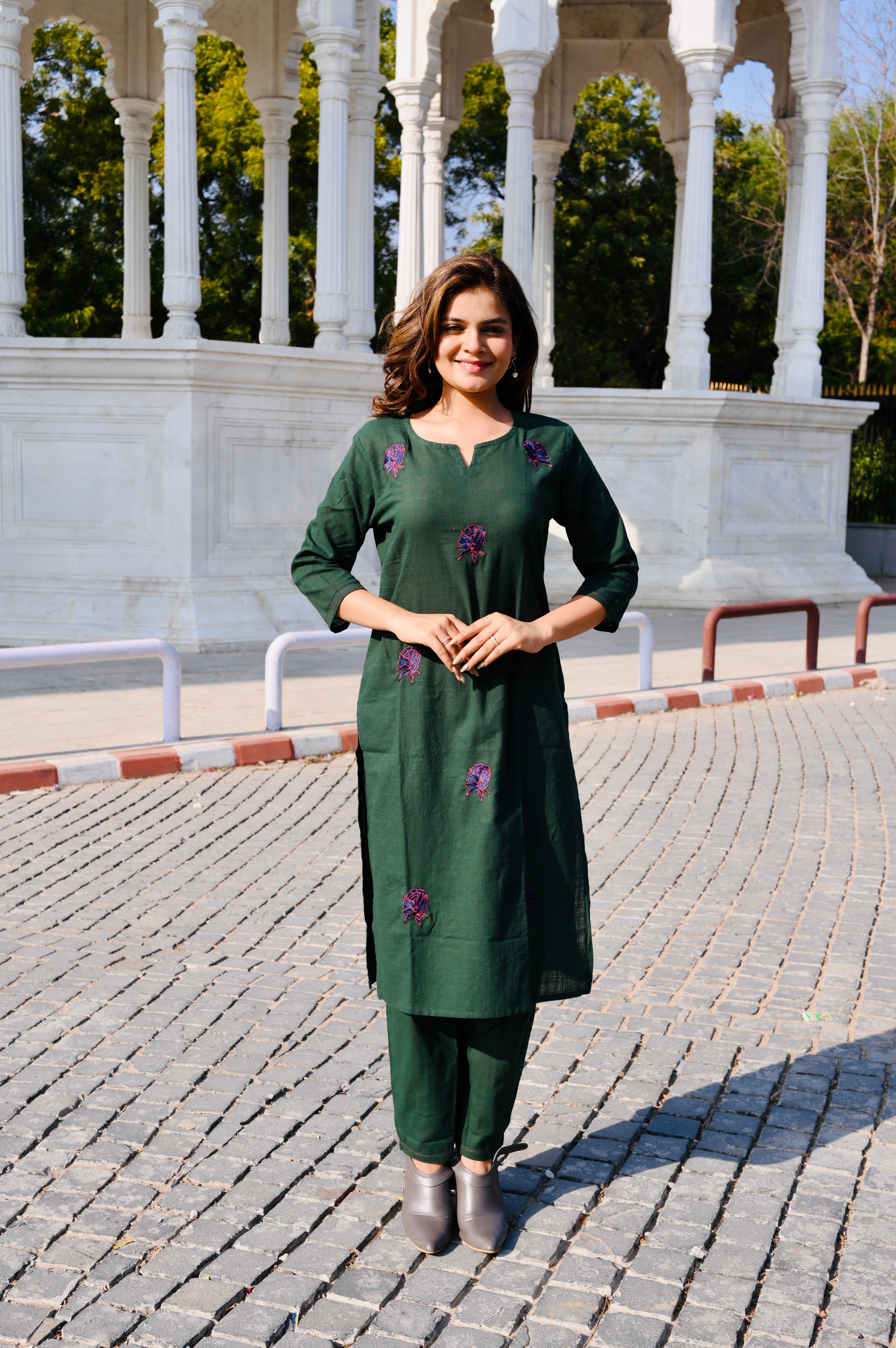 Emerald Green Cotton Khadi 3-Piece Embroidered Dress