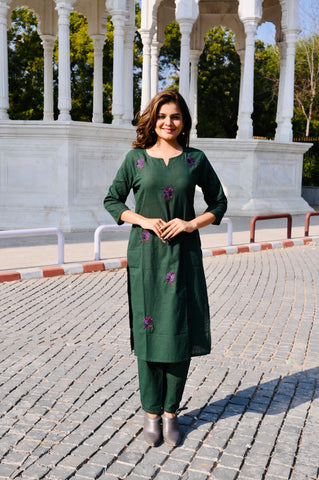 Emerald Green Cotton Khadi 3-Piece Embroidered Dress