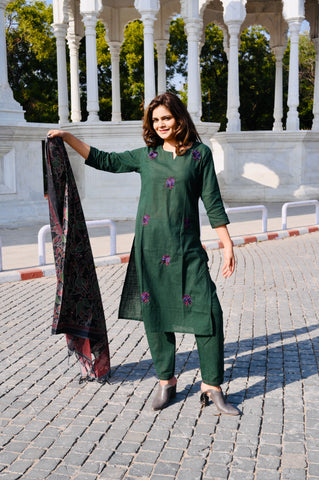 Emerald Green Cotton Khadi 3-Piece Embroidered Dress