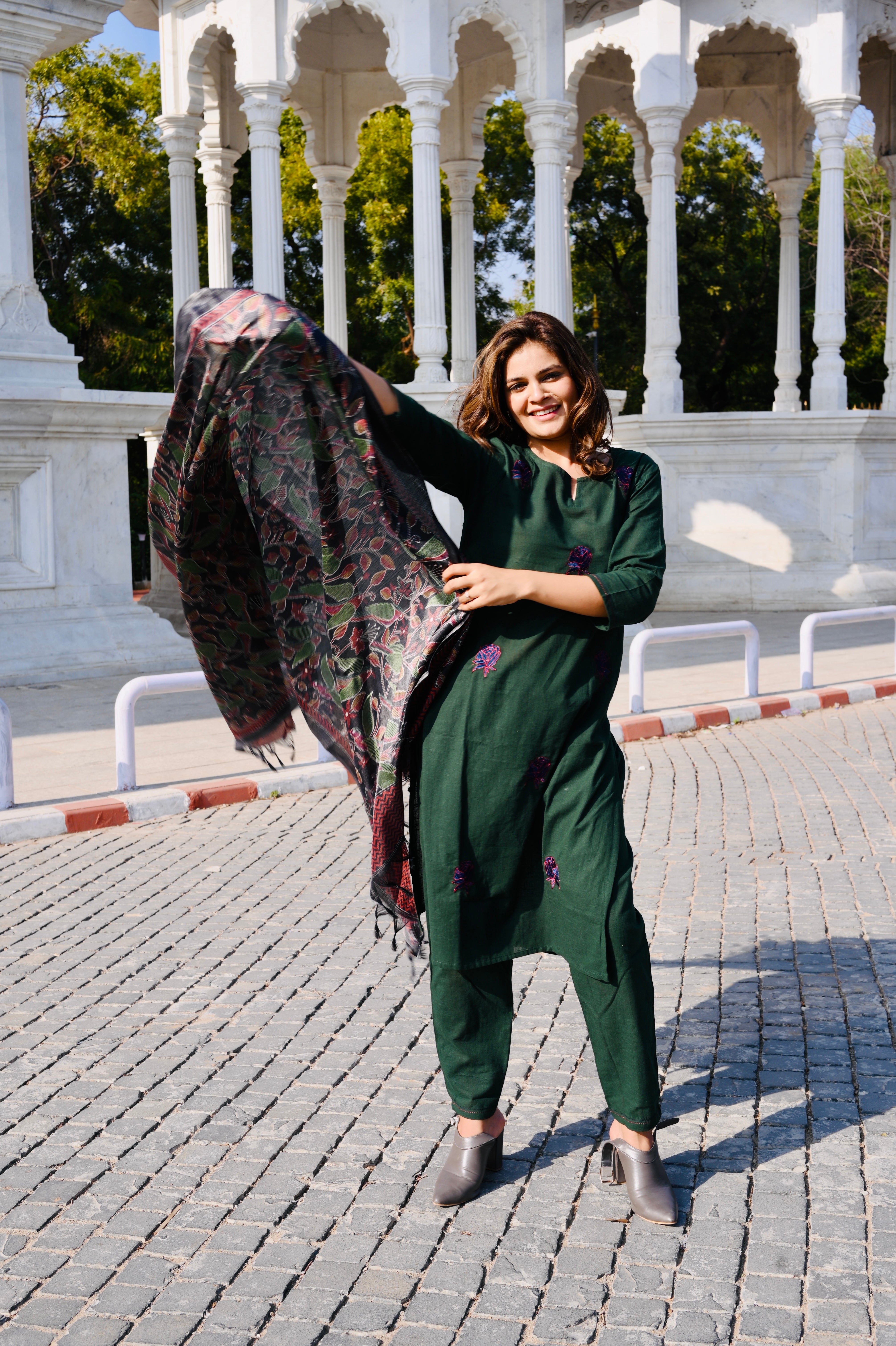 Emerald Green Cotton Khadi 3-Piece Embroidered Dress