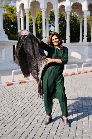 Emerald Green Cotton Khadi 3-Piece Embroidered Dress