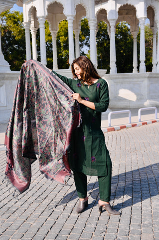 Emerald Green Cotton Khadi 3-Piece Embroidered Dress