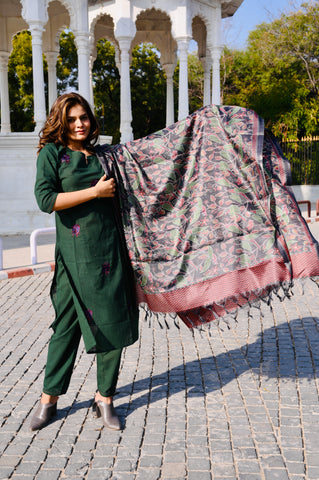 Emerald Green Cotton Khadi 3-Piece Embroidered Dress