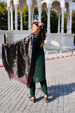 Emerald Green Cotton Khadi 3-Piece Embroidered Dress