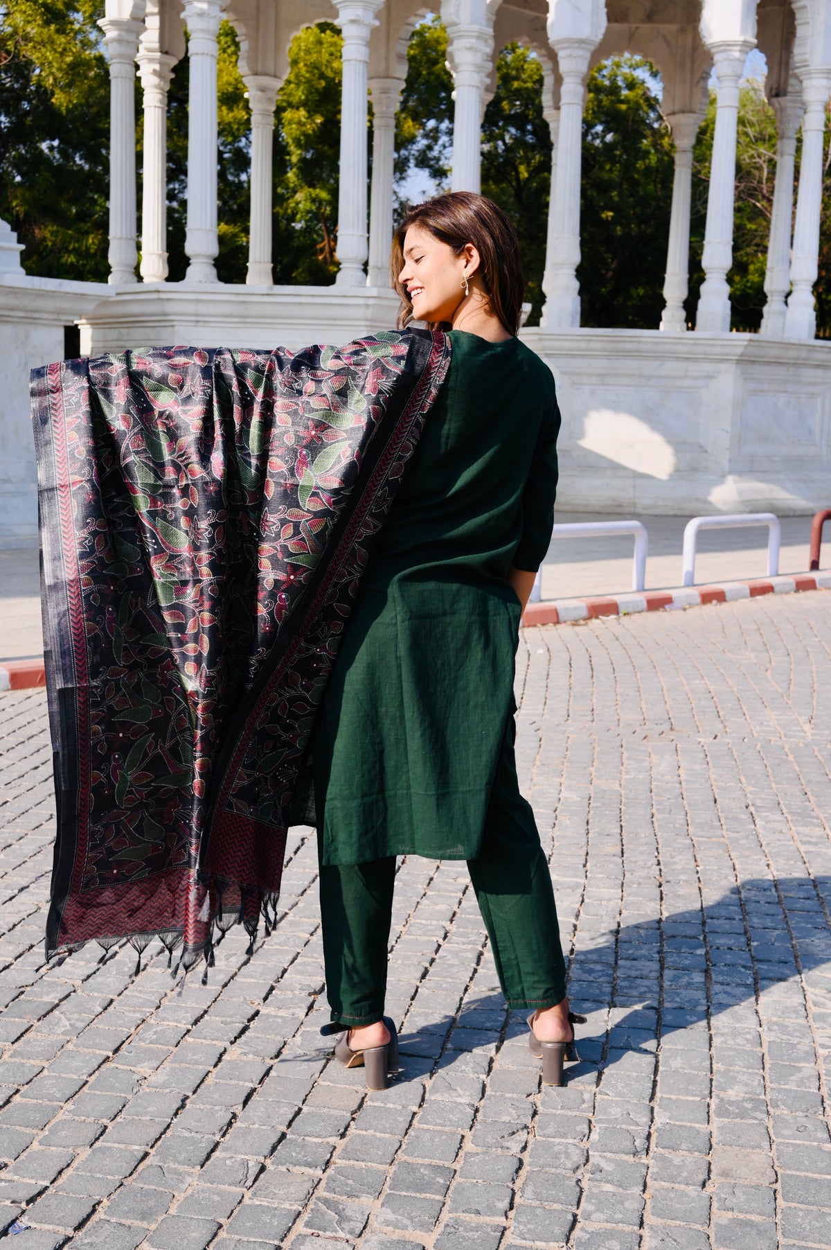 Emerald Green Cotton Khadi 3-Piece Embroidered Dress